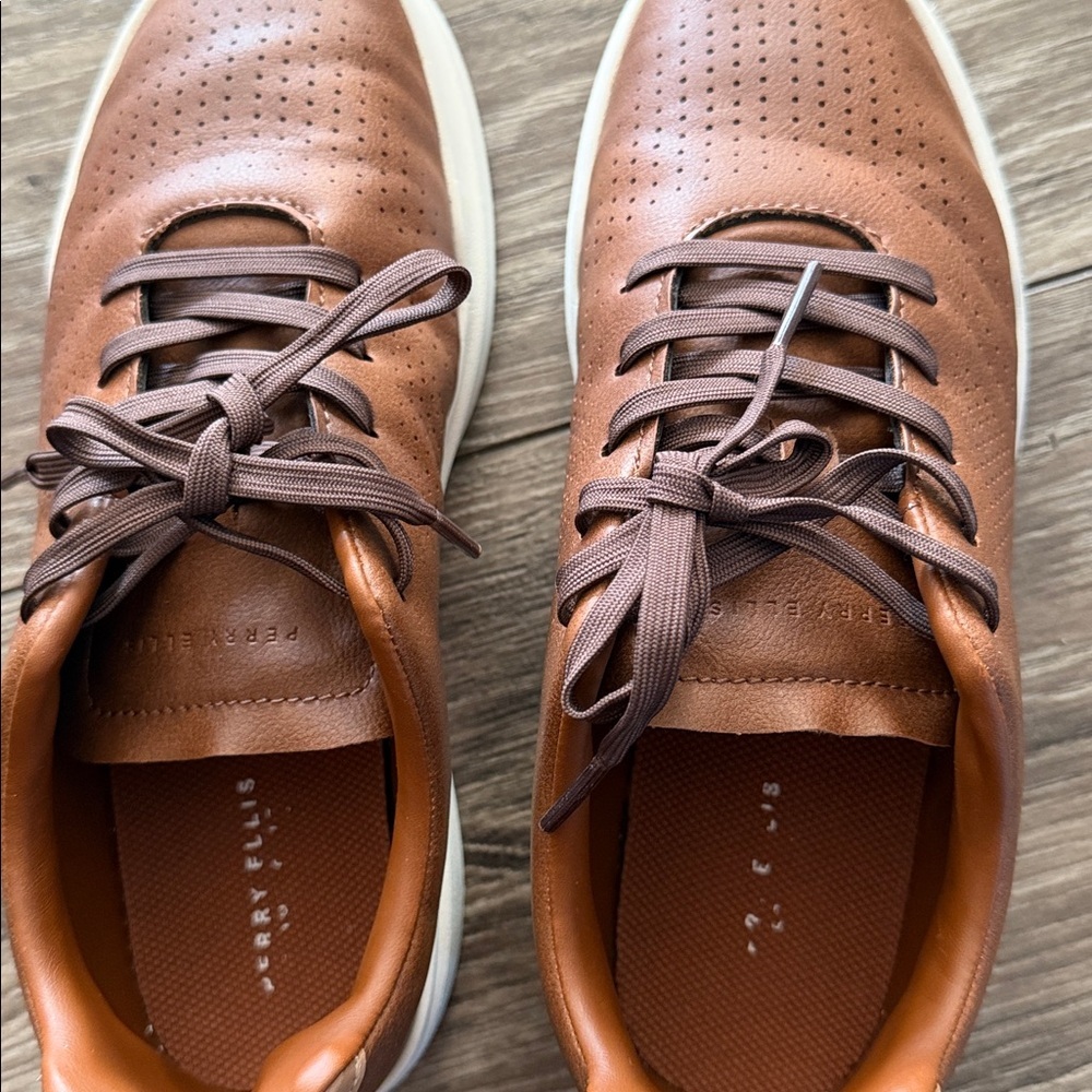 Perry Ellis Boys Cognac Brown Perforated Leather Sneakers - Picture 5 of 7